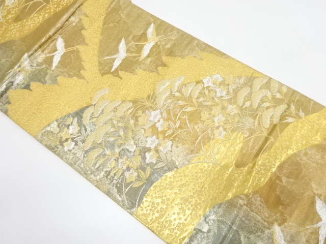 遠山に群鶴・秋草模様織り出し　袋帯